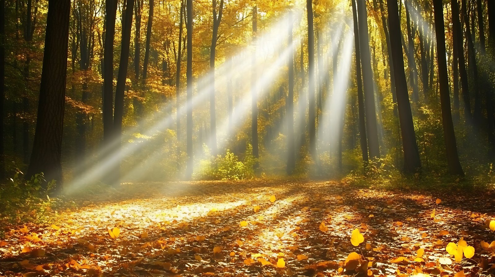 Rayons de soleil traversant les arbres d’une forêt paisible